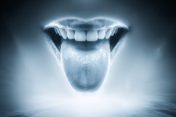 Futuristic tongue extends outward, Sci-fi styled mouth glowing blue, Visual concept useful for cyber ads