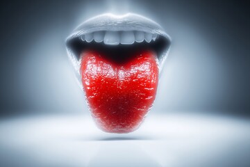 Glossy red tongue in heart shape, Futuristic close up of glowing lips, Concept for surreal digital art piece