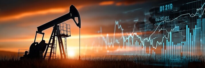 Oil Pump Industry Silhouette Against Sunset Sky with Financial Graphs and Stock Market Data Analysis