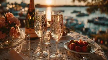 Sparkling champagne at sunset by water