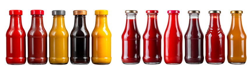 Set of various ketchup bottles in different shapes and sizes, isolated on a transparent background.