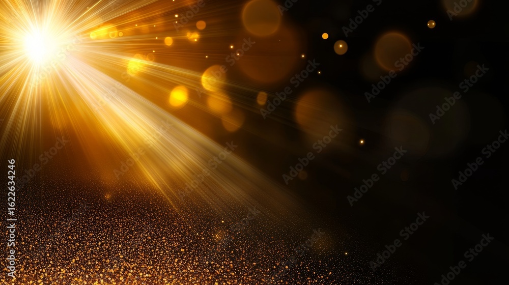Poster golden light rays illuminating an ethereal scene with sparkling bokeh and dust effect highlights