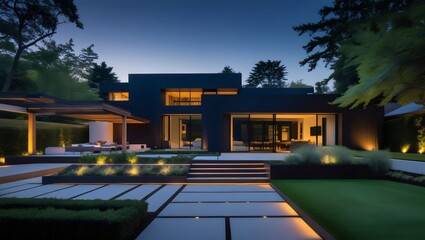 Modern Dark House with Illuminated Garden at Twilight

