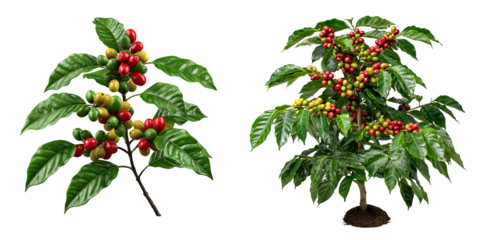 Set of coffee trees with ripe berries and green leaves, isolated on a transparent background.