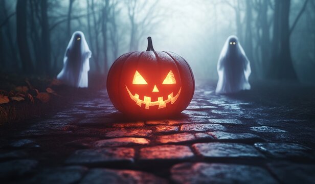 Halloween pumpkin with glowing face on path in misty forest at night, two ghosts standing behind it. Scary and spooky hanting background for Halloween holiday