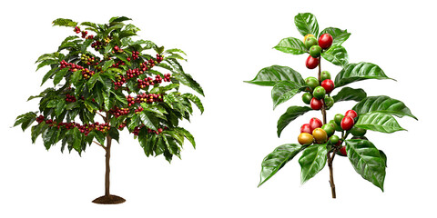 Set of coffee trees with ripe berries and green leaves, isolated on a transparent background.