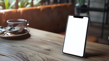 Smartphone Blank Screen Wooden Table Coffee Cup Background