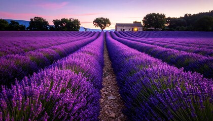 Fototapeta premium Lavender field at sunset with house.