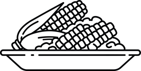Corn Feast on a Plate: A simple yet captivating black and white illustration of two fresh ears of corn on a plate, offering a taste of nature's bounty.