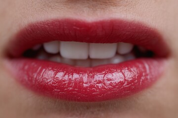 Obraz premium Red glossy lips close-up view, Female mouth with lipstick detail, Beauty shot useful in makeup ads