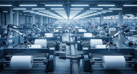 Expansive manufacturing floor with robotassisted loading and unloading of media into multiple wideformat print presses for efficiency.