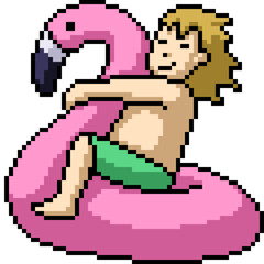 pixel art of boy play with flamingo lifebuoy