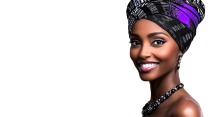 Elegant woman in head wrap and necklace on clear background