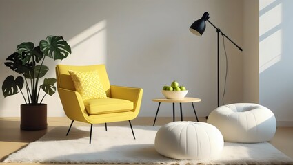 Mid-Century Modern Living Room with Yellow Armchair and Plant

