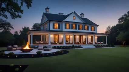 Elegant Farmhouse with Welcoming Porch and Outdoor Fire Pit at Dusk

