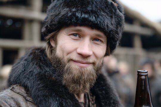 young cossack in fur hat, smiling with beer bottle, promotional image for historic brewery