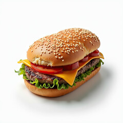 Delicious cheeseburger with fresh lettuce and tomatoes on white background