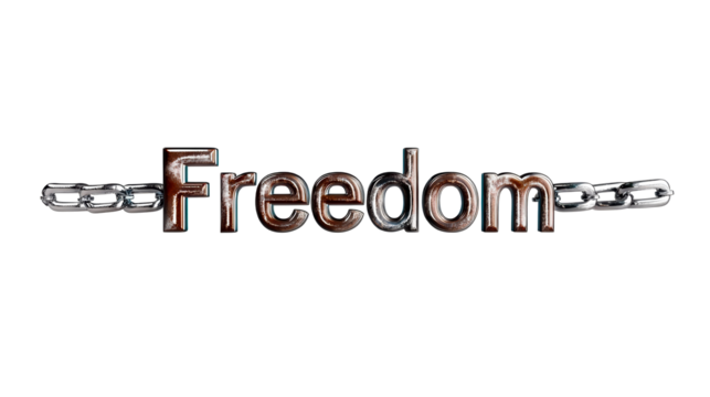 Freedom in shiny letters connected by a strong chain