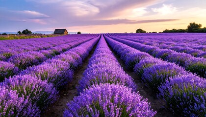 Fototapeta premium Lavender field under sunset sky.