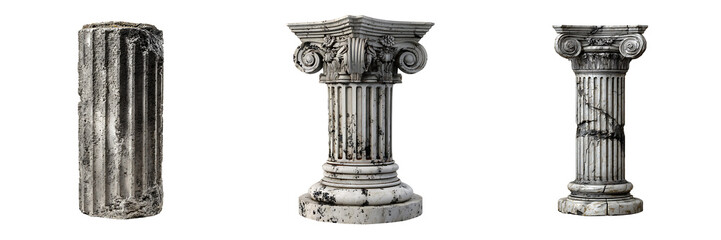 Obraz premium Set of ancient architectural stone columns with textured details, isolated on a transparent background.