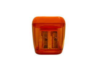 Orange  plastic pencil sharpener with double hole.