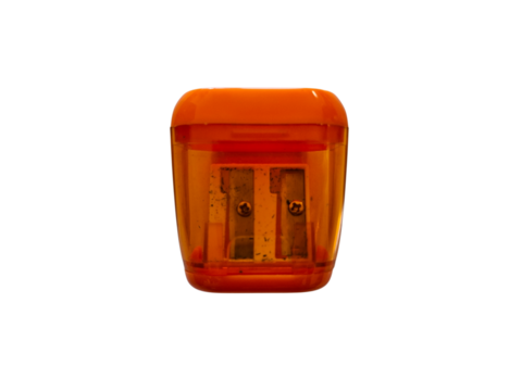 Orange  plastic pencil sharpener with double hole.