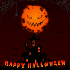 Halloween background with scary castle, creepy full moon and bats. Happy Halloween banner. 