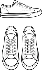 Casual sneakers technical sketch, top and side views, fashion footwear blueprint, line art drawing, sneaker design, editable vector illustration