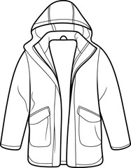 Hooded jacket technical sketch, fashion flat drawing, outerwear design, garment illustration, apparel pattern, stylish coat, clothing line branding
