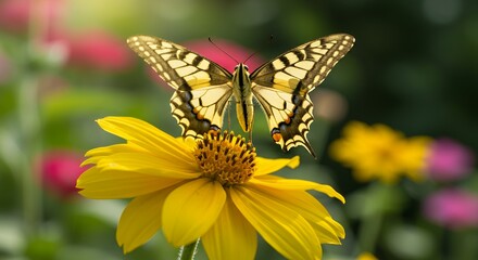 A butterfly wings fully spread rests atop a yellow flower with a blurred background of other flowers