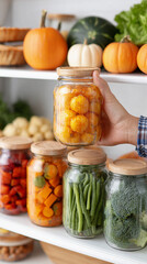 Colorful jars of preserved vegetables displayed on shelves with fresh produce in a cozy kitchen. System for organizing food storage in the refrigerator.
