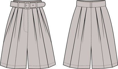 High-waisted pleated shorts front and back view, belted design, modern fashion sketch, neutral color style, trendy summer outfit, isolated apparel vector mockup