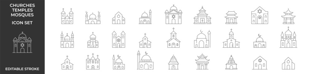 Religious building icon set. Church. Mosque. Temple. Editable stroke. Vector illustration