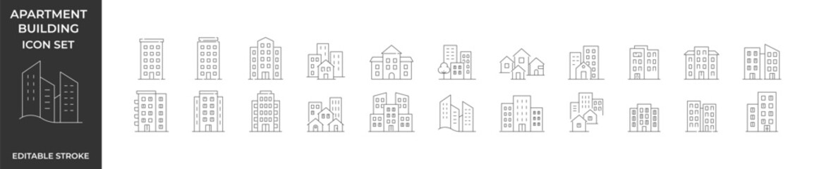 Apartment building icon set. Multystorey icons collection. Editable stroke. Vector illustration