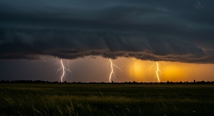 A dramatic thunderstorm over a field with multiple lightning strikes and dark ominous clouds