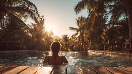 A person relaxes in a pool surrounded by palm trees at sunset.