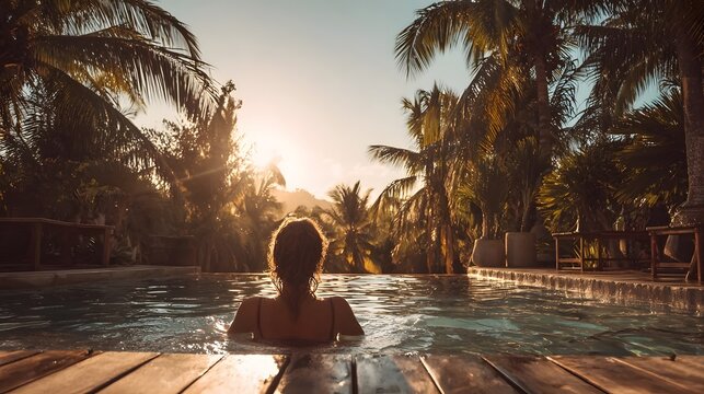 A person relaxes in a pool surrounded by palm trees at sunset.