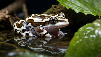  Amazon milk frog beside its tadpoles in water-filled tree hollow
