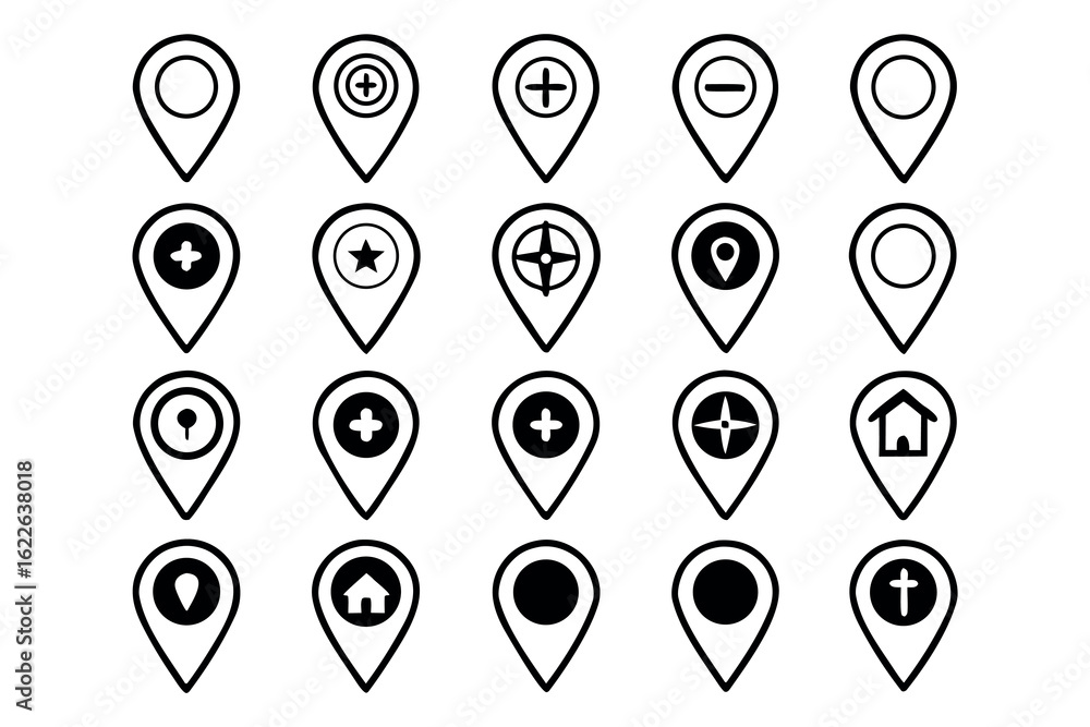 Poster collection of 30 diverse location marker icons for navigation and mapping