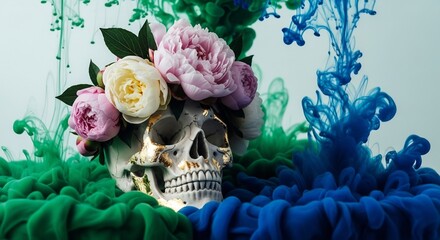Striking still life featuring a skull vase with peonies amidst vibrant blue and green ink clouds. Ideal for Halloween, Día de los Muertos, or artistic gothic themes.