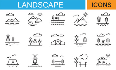 Outdoor Adventure Icon Set Featuring Landscape Elements