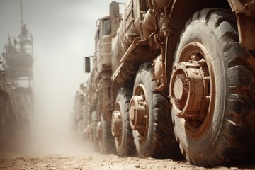 Dusty Military Vehicles Line Up on Desert Terrain Under Cloudy Sky