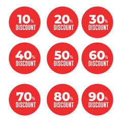 Red Discount Labels Set 10% to 90% – Round Sale Badges on White Background
