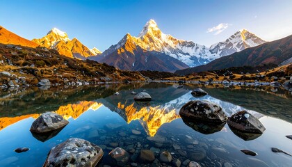 Mountain reflecting in a lake at sunrise.