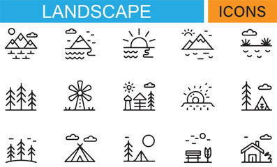 Nature Themed Icons Including Rivers, Mountains, and Sun