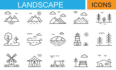 Set of Simple Landscape Illustrations Featuring Mountains and Trees