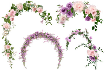 Elegant floral arches and swags with pink and lavender roses isolated on transparent background