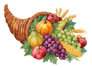 Colorful watercolor horn of plenty filled with fresh fruits and vegetables representing autumn harvest and Thanksgiving celebrations
