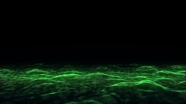 Digital technology wave. Dark cyberspace with green motion dots and lines. Futuristic digital background. Big data analytics. 3d rendering.