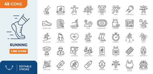 Plakat Running line editable icon set. Contain icons related to Running sport, marathon, runner, race, finish line, treadmill and more. Editable stroke. Vector illustration